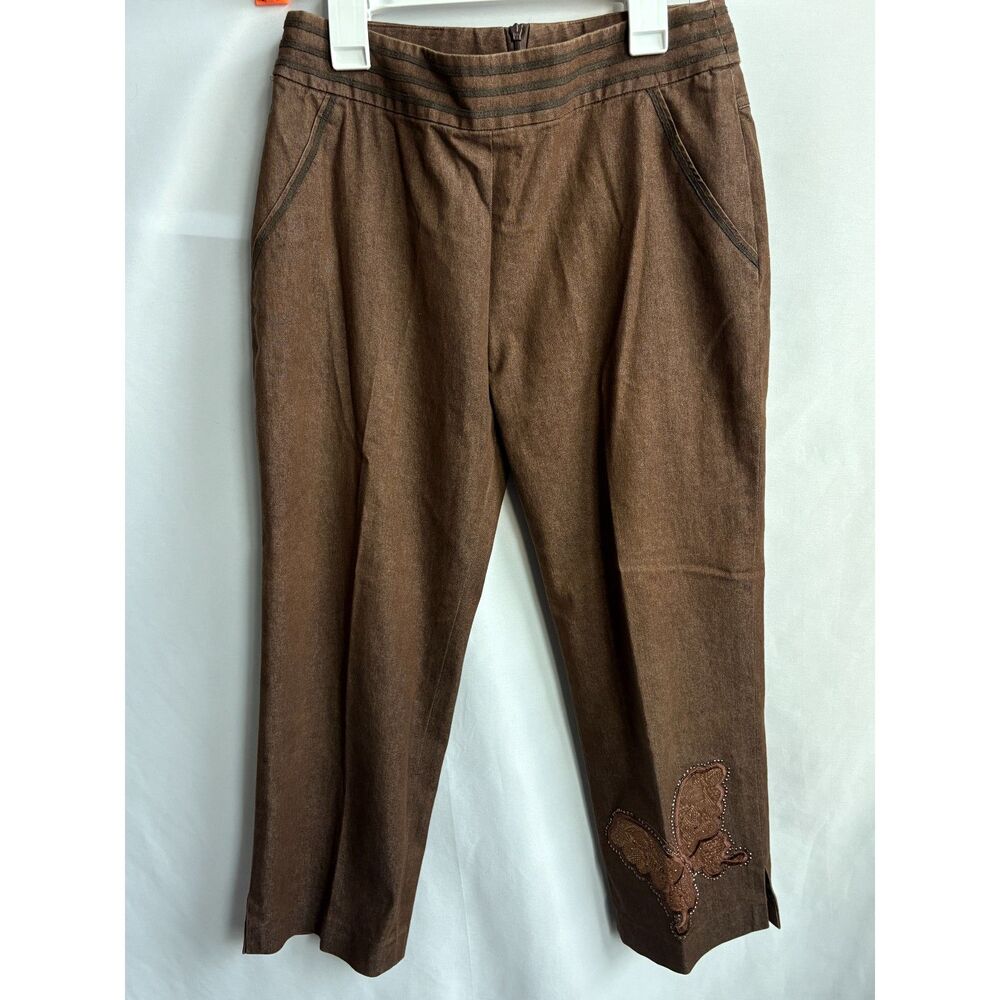 Hide San Y2K Brown Jean Capri Pants Size S Embroidered Butterly Cute 90s Crop